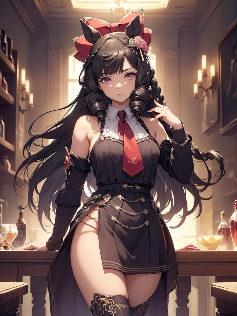 Black Bunny Girl, leotard type, enamel style, Black garter belt, working at a bar, Leaning forward, chest enhancement, cleavage,