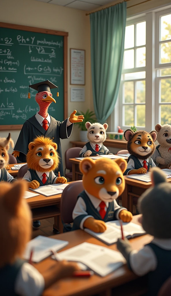 a lion, A snake, a badger, an eagle, A Panda, A duck and a polar bear at school