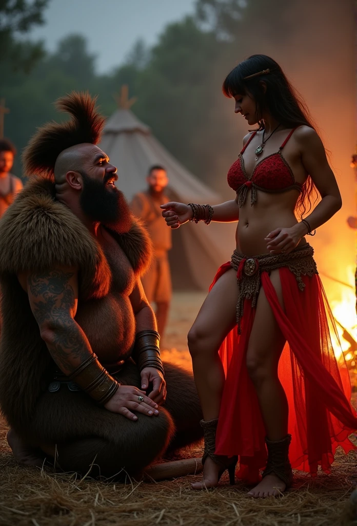 A beautiful Indian bride standing in sexy micro bikini, wearing jwellery, big boobs, fair skin, sexy figure, very bold makeup, nipples painted, big boobs, deep lipstick, eye liner, eye shadow, full face makeup, and talking to a of black very old naked beggar, very thin, dark skin, white hair, in an empty deserted railway station at night, everyone one is naked,