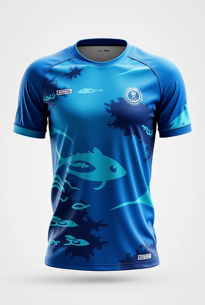 A basic shirt, manga curta, with the colors yellow, blue and white, predominating the color blue, making details with yellow and blue in sinuous and dynamic lines. Present proposal for front and back or back of shirt