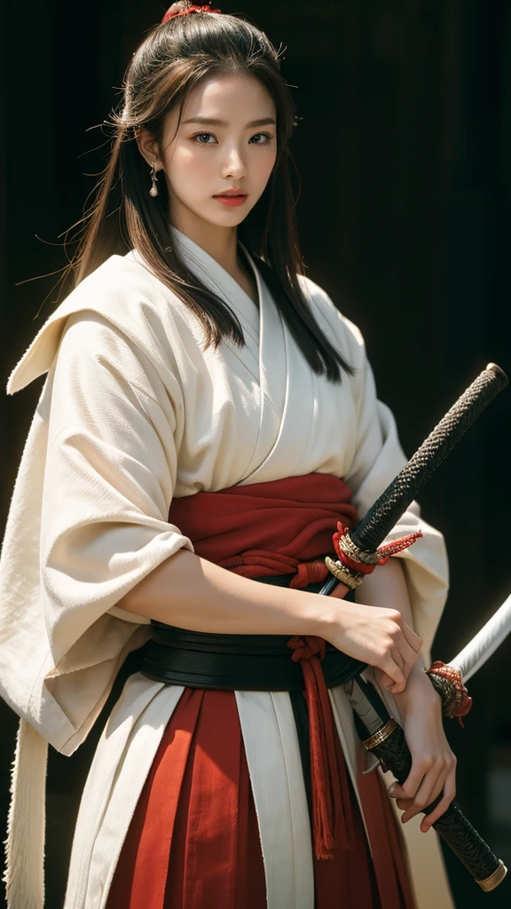 (In the Dark: 1), (highest quality), (Reality: 1), Movie Posters, Realistic skin texture, Very detailed, 8k wallpaper, Volumetric lighting, Dynamic Lighting, With a girl, Long black ponytail hair, Black Robe Small breasts, Red Belt, small amount of armor, Pauldrons, Waist Guard, Handguard, Veil, holding a long sword in front of you,hold a trench knife, (((She lifts her skirt to reveal her beautiful pussy))), ancient Chinese style, short sword at waist, attack posture, Bloodstain, Torn clothes, Battlefields of Ancient China, A group of ancient soldiers chasing and killing, Arrows fly, war is flying, night, Dramatic composition, Around the sword, rich background details, war,