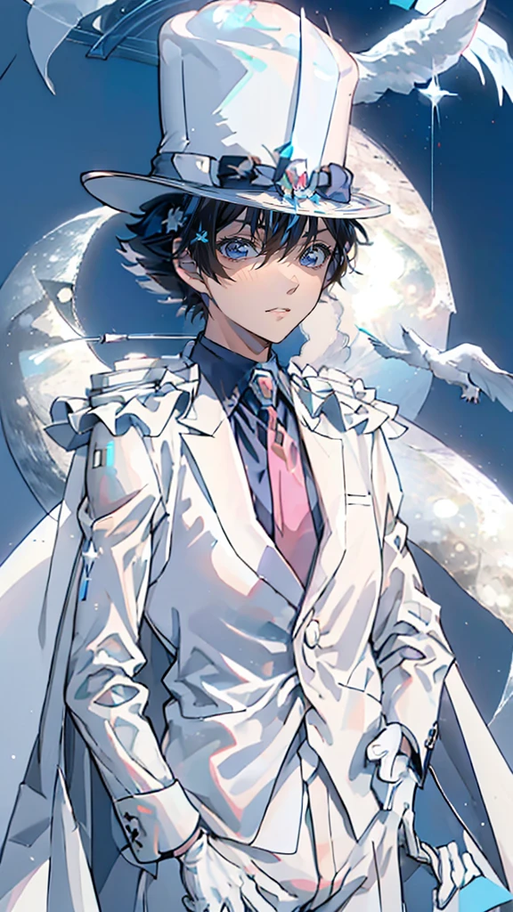 (Mastepiece), (Best Quality), Very detailed, ((1 boy:1.5)), (Solo Shooting:1.3)、Perfect Face, Beautiful Face, Very detailedな顔，(Black short hair:1.3)，(Blue Eyes:1.3)、((White Suit 1.4))、(Blue Shirt)、(Pink tie)、((White Top Hat 1.4))、((White Cape:1.4))、(White Gloves 1.4)、(Monocle 1.3)、(Playing cards 1.3)、(White Moon:1.4)、(Night Sky:1.5)、(White Dove:1.2)、(gem:1.4)、magician、handcuffs