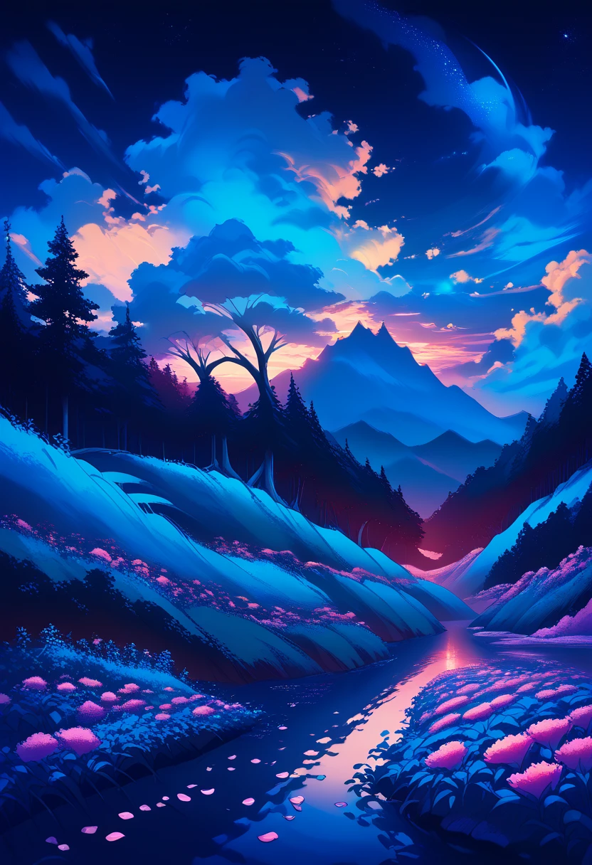 (magical pretty night sky green stream overlay scene), (sky), (clouds), soft lighting, clean background, beautiful landscapes, masterpiece, high quality, beautiful graphics, high detail, epic landscapes, USA, flowers, clouds, (night starry sky, river behind, huge old trees behind, falling glowing pink petals behind)