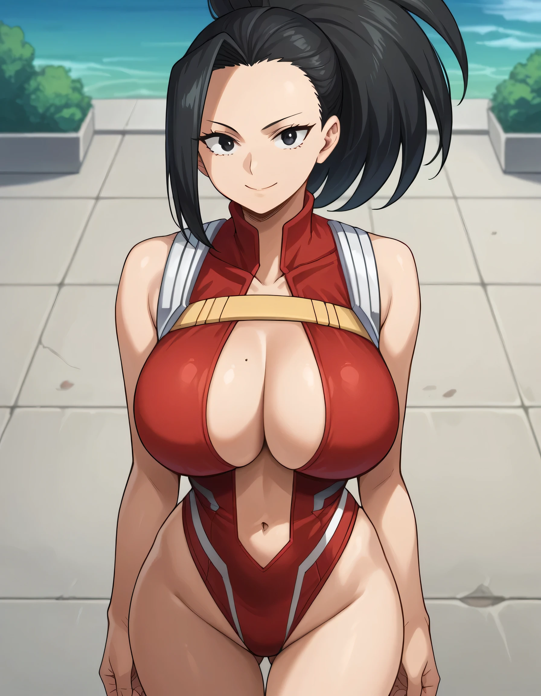 score_9, score_8_up, score_7_up, source_anime, best quality, clear face, 1girl, solo, yaoyorozu momo, long hair, bangs, black hair, ponytail, black eyes, huge breasts, cleavage, looking at viewer, smile, standing, navel, bare shoulders, leotard, bare arms, center opening, red leotard, outdoor, upper body, from above