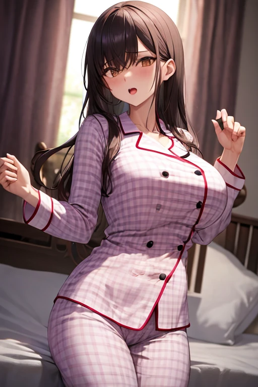 master peace, best quality, high resolution, 1woman (from above) (black wavy hair) heart shaped pupils ((black knee socks, nurse costume)) small breasts, skinny body, arms behind back, hospital (embarrassed, blush:1.3) (ecstasy:0.5) (steam:1.2) open mouth (orgasm:0.5) looking for viewer