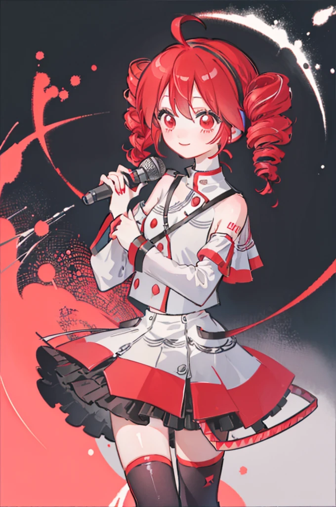 Kasane Teto(VocaloidｰKasane Teto), one girl, Alone, red hair, drilled twins hair, red eyes, Singing, holding_microphone, smile, black background, perfect fingers