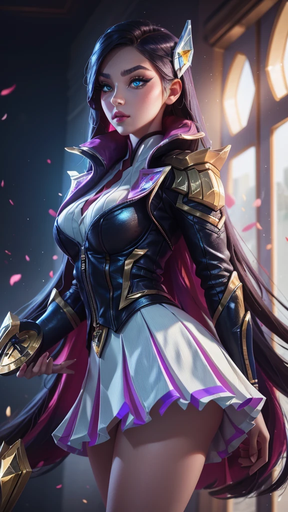 HeartthrobCaitlyn, \(league of legends\), (1girl), (solo), (Full body photo), (low angle shot), (masterpiece:1.0), (best quality:1.4), (ultra highres:1.2), (photorealistic:1.4), 8k resolution, absurdres, ultra detailed, sharp focus, (low light: 1.4), photorealistic, Beautiful face with symmetry, Gradient Eyes, Intense crystal light blue eyes, Intense highlighting of the eyes, Slightly bigger eyes, Double eyelids, lipgloss, Full lips, (Perfect Slim Body),pleated skirt, big ass, thick thighs, mid breasts, place school