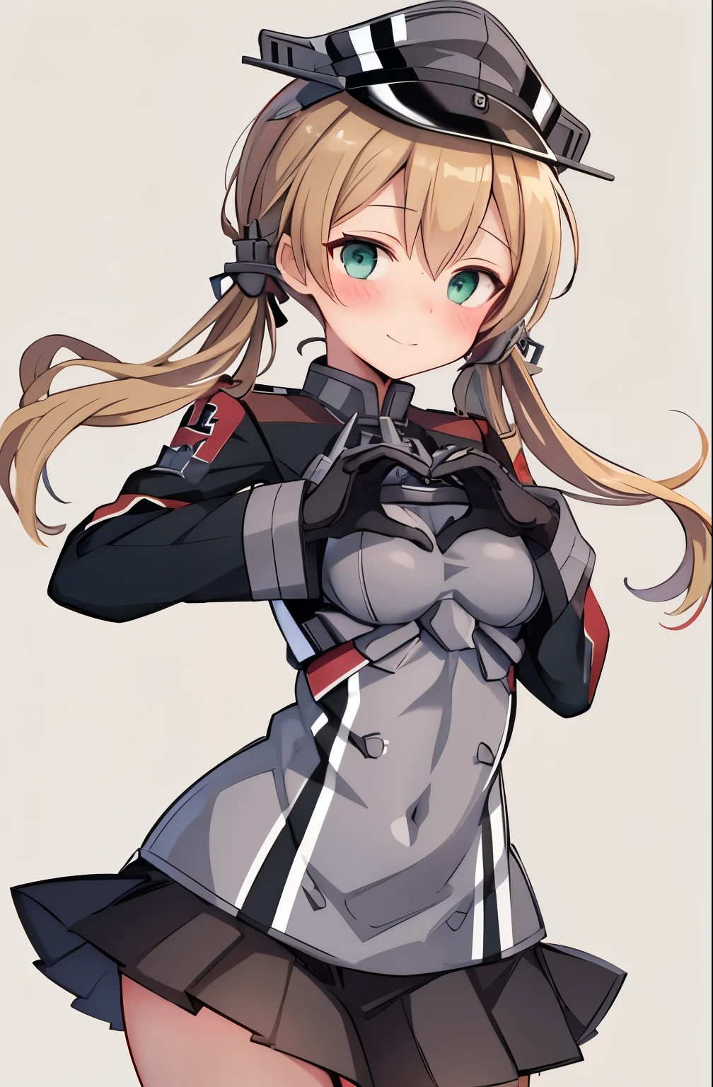 best quality, masterpiece, highres, solo, {prinz_eugen_kantaicollection:1.15}, blonde_hair, long_hair, twintails, hair_ornament, anchor_hair_ornament, hat, peaked_cap, blush, low_twintails, military, smile, breasts, open_mouth, iron_cross, cross, aqua_eyes, blue_eyes, 1girl, black_skirt, black_thighhighs, gloves, long_sleeves, looking_at_viewer, military_hat, military_uniform, skirt, thighhighs, uniform, white_background, white_gloves, microskirt, pleated_skirt, simple_background