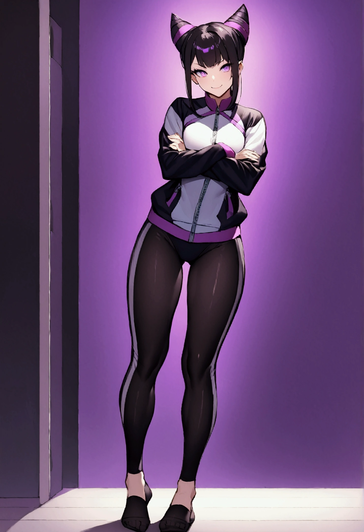 beautiful young fitness woman with , in a gym wearing May with black pantyhose, tight white and purple gym jacket. standing alone,red eyes glowing,Evil smile,legging preto ,labiaa,dark eye shadow,shining eyes,hands in our pockets,neckleace,jacket zipper half open,Tight black shirt,white sports tennis shoes,short hair with purple details,beautiful curves,whole body