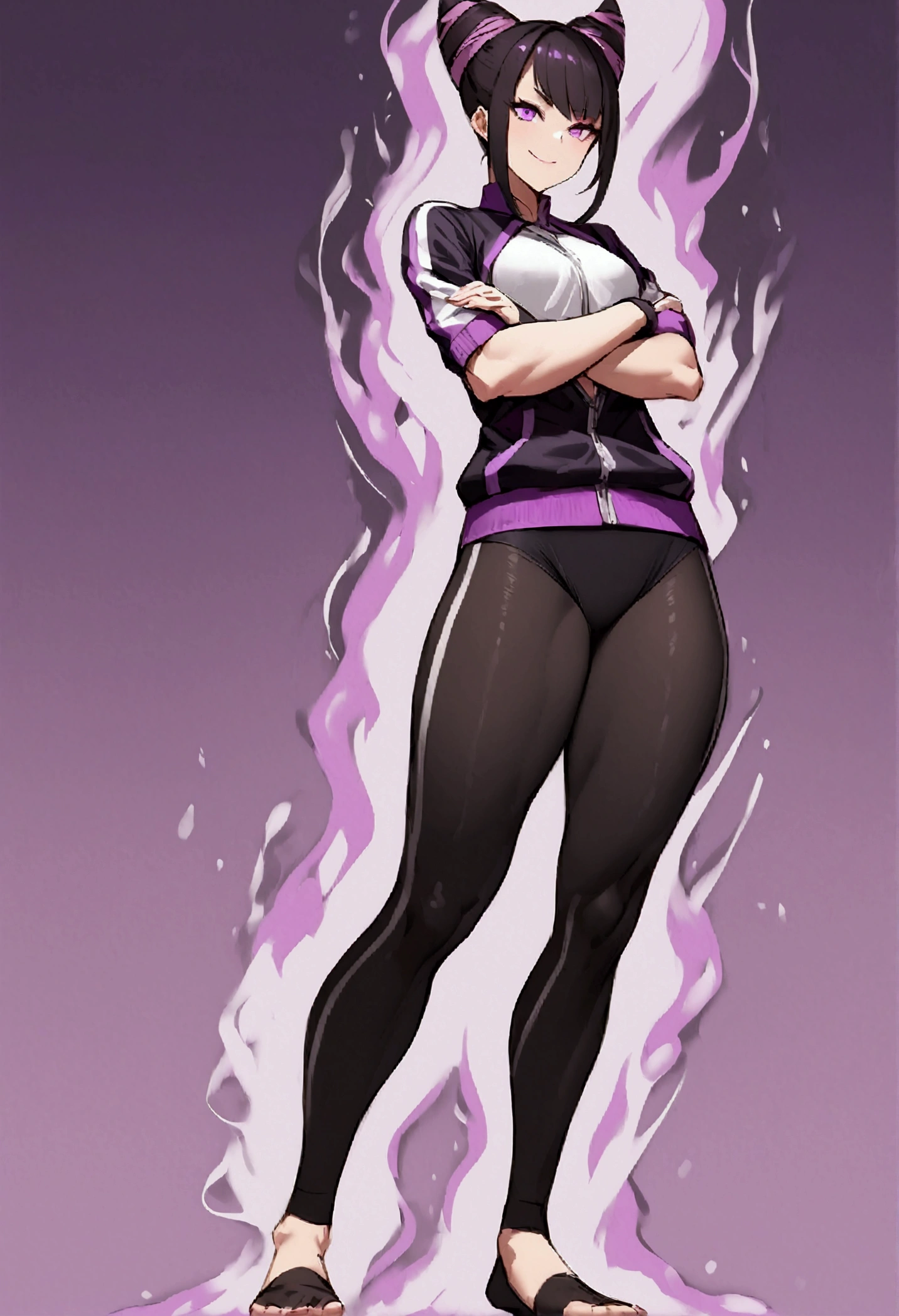 beautiful young fitness woman with , in a gym wearing May with black pantyhose, tight white and purple gym jacket. standing alone,hair horns,red eyes glowing,Evil smile,legging preto ,labiaa,dark eye shadow,shining eyes,hands in our pockets