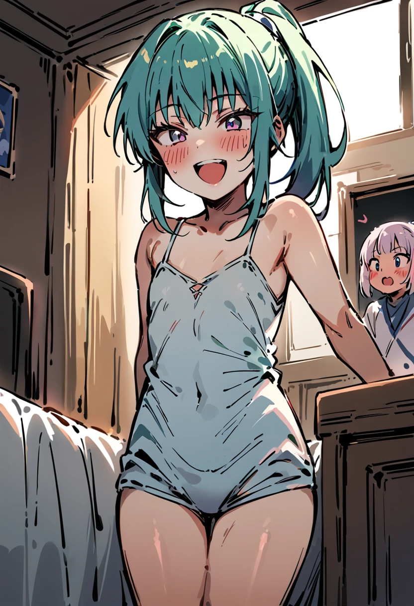 Loli, aqua hair, pink skirt, skirt lift, white panties, cute and small panties, lying, bed, open legs, looking back, ass, blushing, moan