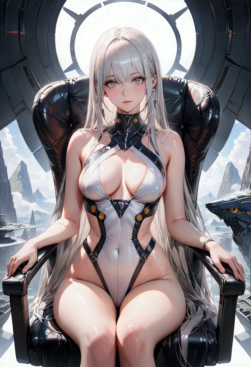 Woman knight、a beauty girl、huge tit、Excellent style、Nice Buddy、glamorous、Black leotard、s Armor、Bra chest armor、knee boots、gauntlets、greave、hair adornments、silber hair、Longhaire、Ahoge、inside in room、desk、Sitting on a chair、legs crossed、Reading、Gentle smile