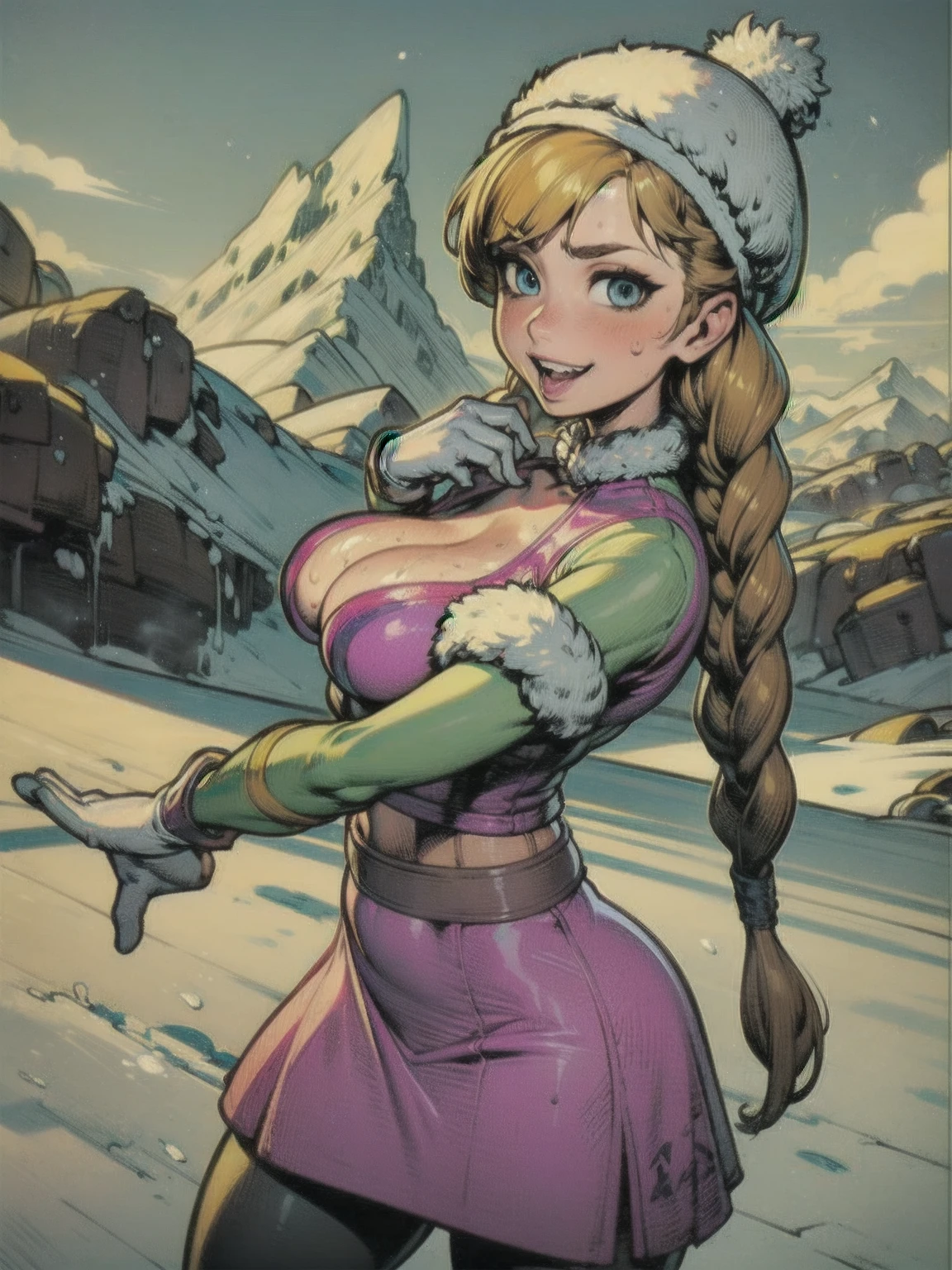 perfect quality, good quality, masterpiece, HDR, UHD, anna of arendelle, purple cap, twin braids, ((winter mountain outfit)), 1girl, solo, snowy, winter, combat stance, Toothy grin, from side