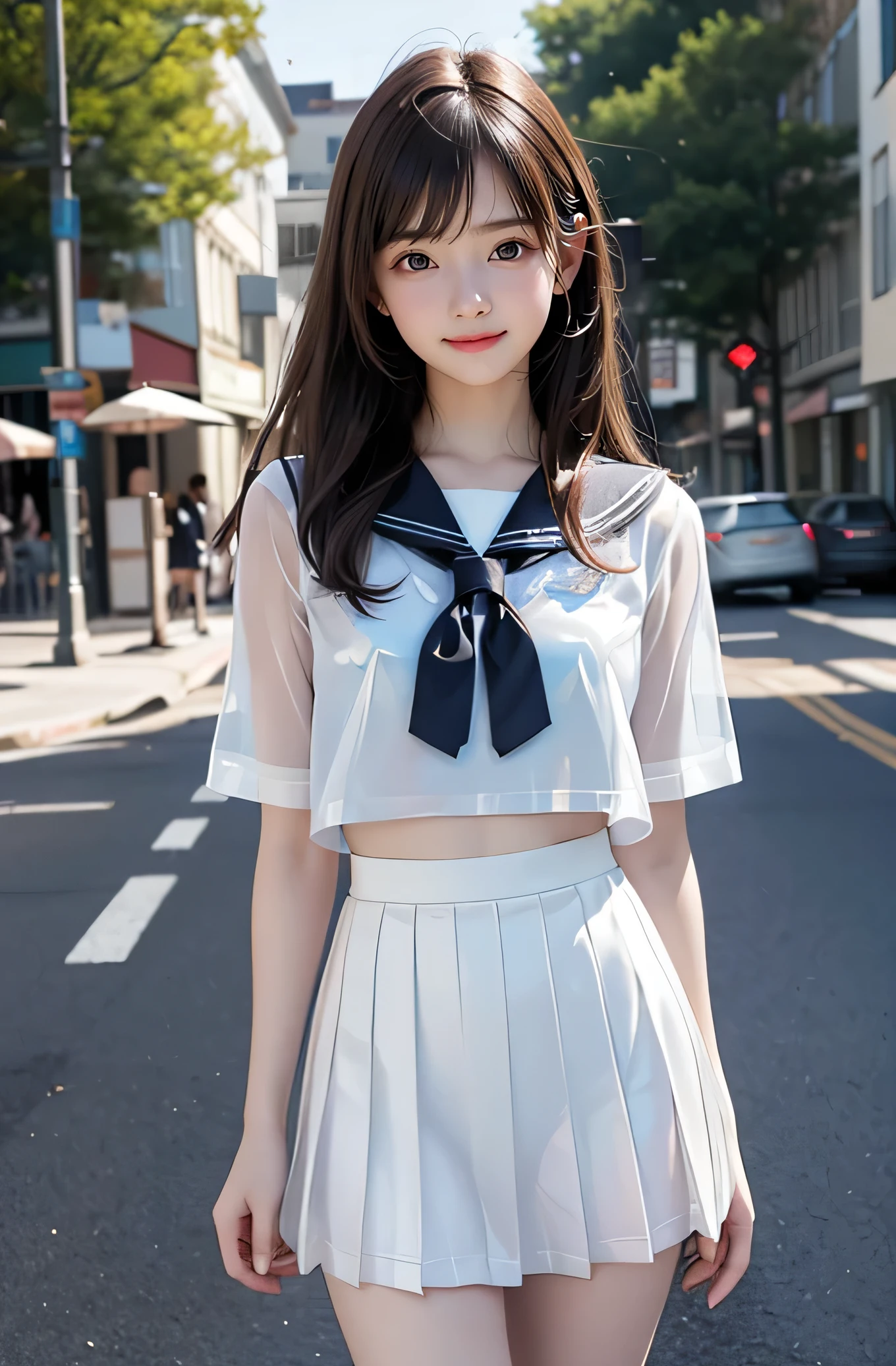 (Very beautiful cute girl), (very cute face:1.2),(),(sparking clear attractive large eyes:1.2), Beautiful detailed eyes, Detailed double eyelids, smiling, (realistic photograph:1.1), in the street,
(shiny very pale  skin colored transparent holographic sailor high school uniform:1.2),(shiny very pale skin tone transparent holographic pleated mini skirt :1.1),
(brown hair:1.2),professional portrait ,costume with very smooth and strong reflective surfaces 