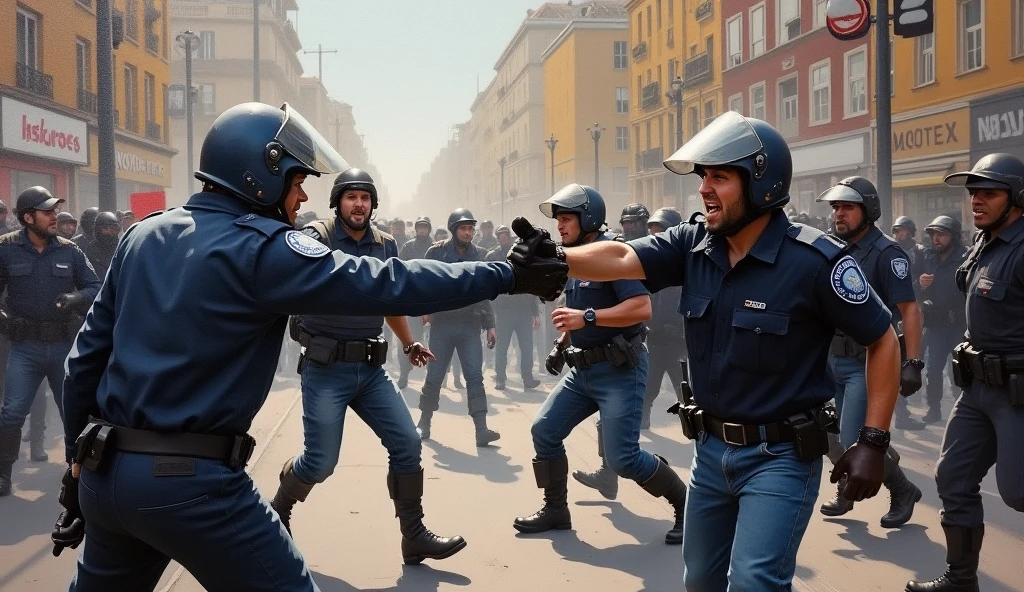 tem muita gente na rua brigando entre si, protesto violento, Local people chasing after attack, pessoas lutando, intensa e pesada batalha de rua, policiais sob fogo pesado, batalha intensa, action scene from the film, ACTION SCENE, chasing action scene, journalistic photo, People panic in the foreground, briga de rua, battle action shot, Tumultos, Cena de luta coreografada