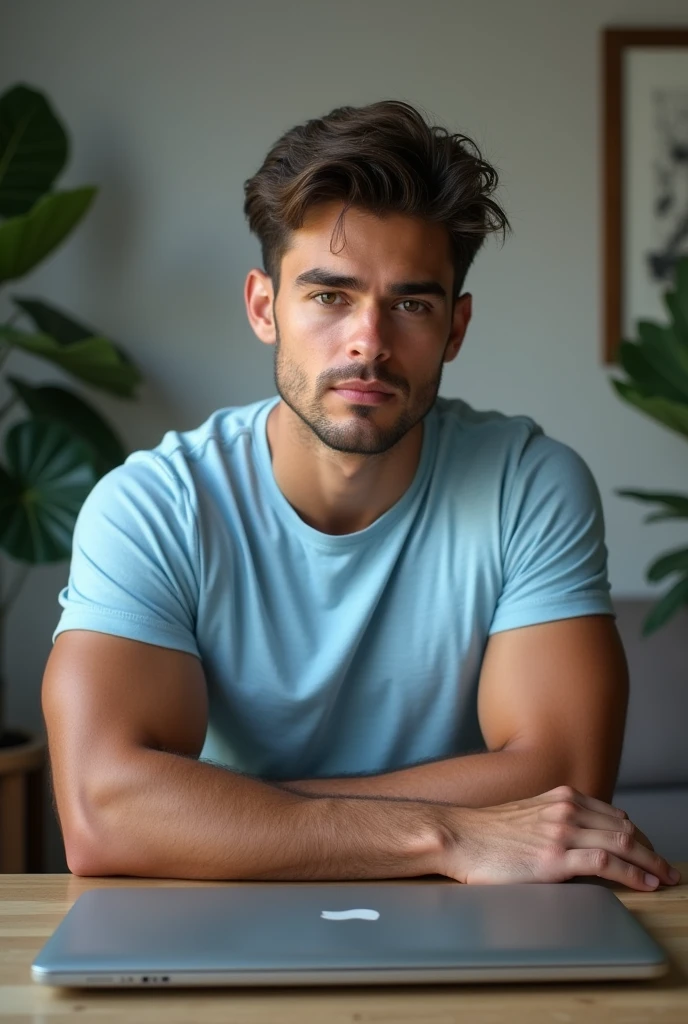 (photorealism:1.2), 1 man sitting on bed, wearing tank top,denim shorts,mohawk, indoors, soft lighting, plants in background, window with sunlight, cozy room, relaxed pose, realistic, intricate details, warm colors, by Greg Rutkowski, by Alphonse Mucha