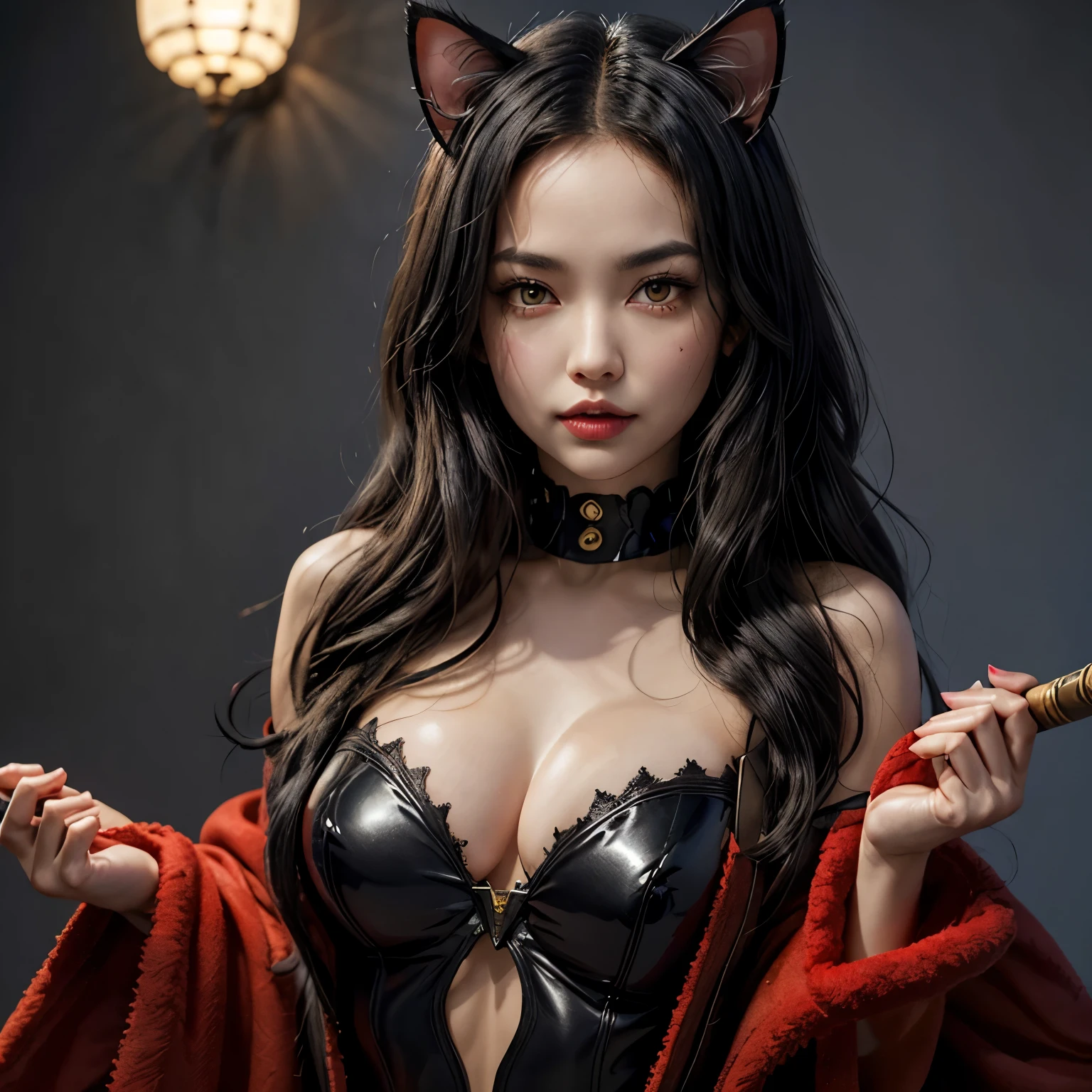 Very detailed CG unity 8k wallpaper, (masterpiece), (best quality), (super detailed), (ultra-realistic), (best character detail: 1.36), nikon d750 f/1.4 55mm, dynamic angles, professional lighting, photon mapping, radiosity, physically based rendering, fantasy world, dark background, unreal engine, fantasy, complex details, splash screen, complementary colors, fantasy concept art, 8k resolution, look at the audience, blush, 1girl, mature woman, , tall body, golden ratio, (Kpop idol), (oil skin: 1.2), (oil skin: 1.1), makeup, [:(high detailed face: 1.2): 0.2]:, PureErosFace_v1, ((curly gray hair and delicate style)), (aegyo sal: 1), (puffy eyes), (eyelashes: 1.1), (lips: 1.1), red lipstick, broad shoulders, (medium chest: 1.1), (cleavage: 1.1), animal ears, (big butt: 1.2), thighs, silk coat, Song, Song dynasty, Song clothes (appropriate posture)