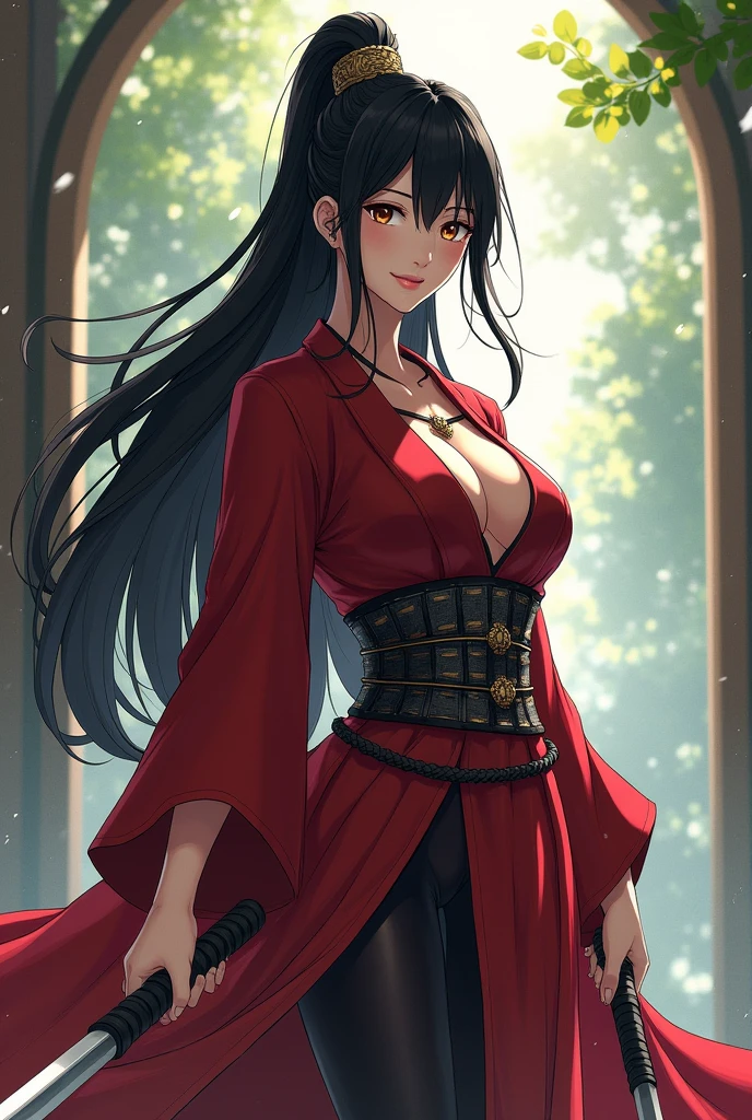 Realistic pictures ,Create the image of the character in anime style as a sexy busty girl, she is a hunter, a girl character with lion's breath and a little fire and haori. Which has a style of dress that is comparable to the hunter from the anime Raiden ei genshin, whose clothes look similar to those of Raiden Genshin Impact, which has a katana included.