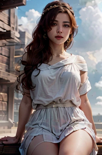 Cowboy shot, anatomically correct, highres, high detail, frontal plane. Predominant colors: white, golden, blue. Outdoors, an imposing white marble throne floating above the clouds in the sky during a sunny day, god rays. Sitting majestically, a curvy Spanish woman in her forties, dressed in a sexy white loose Greek toga, short wavy brown hair, golden glowing eyes, golden laurel tiara, golden earrings, golden jewelry, blushed face, parted lips, seductive smile, looking at the viewer.