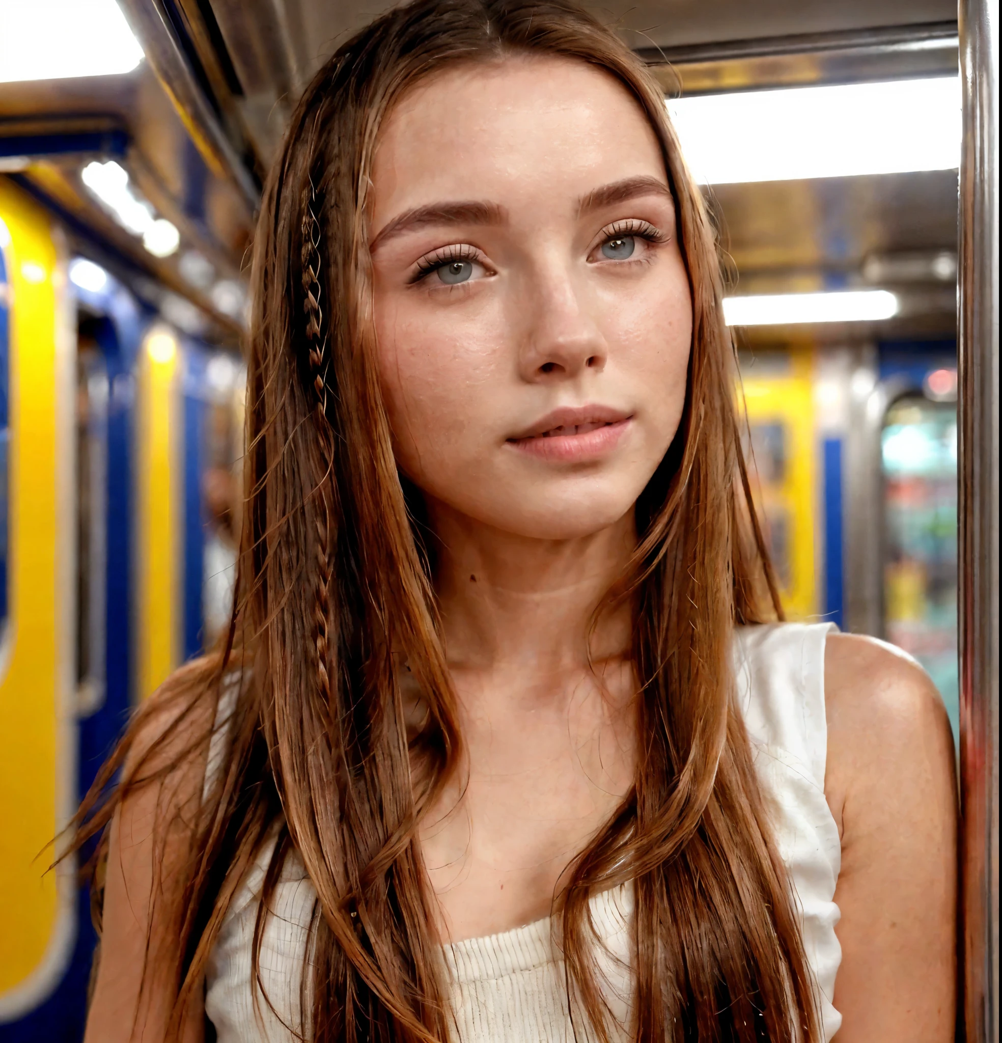 full body Young Scandinavian girl, cute face, fascinating, top quality, masterpiece, closed mouth, (, on the subway), pause, カジュアルな, [blush], beautiful, complex, (((soft lips)), very detailed, (realistic: 1.2), Niroudef, Redhead, perfect legs, (looking at viewer: 1.2), ((sleeveless shirt), , (miniskirt), sharp focus (long, straight, blonde hair) Stunning hazel eyes, delicate, innocent, high resolution, detailed facial features, high level of detail Generates an ultra-realistic image of a young woman who looks exactly like her to the model described above Distinctive features: Your skin should be clear and youthful, with a natural finish and highlighting your natural beauty with a fine eye shadow in a neutral tone that complements the color of your eyes and completes a defined and defined, whole body, clean white skin