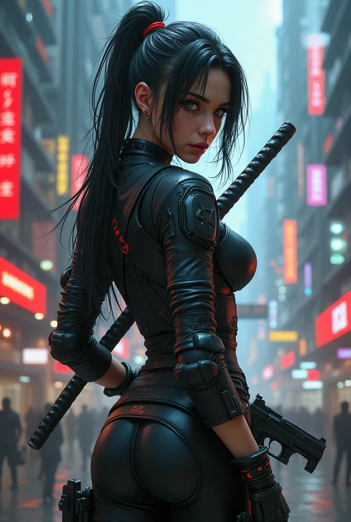 arafed woman in a black outfit the ninja, is depicted in a dynamic pose, holding a sword and a red leash, very beautiful cyberpunk samurai, portrait of a cyberpunk samurai, cyberpunk samurai, badass anime 8 k, cyberpunk assassin, goth ninja, female assassin, urban samurai, perfect eyes, crystal clear eyes, cyborg ninja, portrait ninja gaiden girl, ninja outfit, female cyberpunk anime girl, cyberpunk geisha, beautiful female assassin
