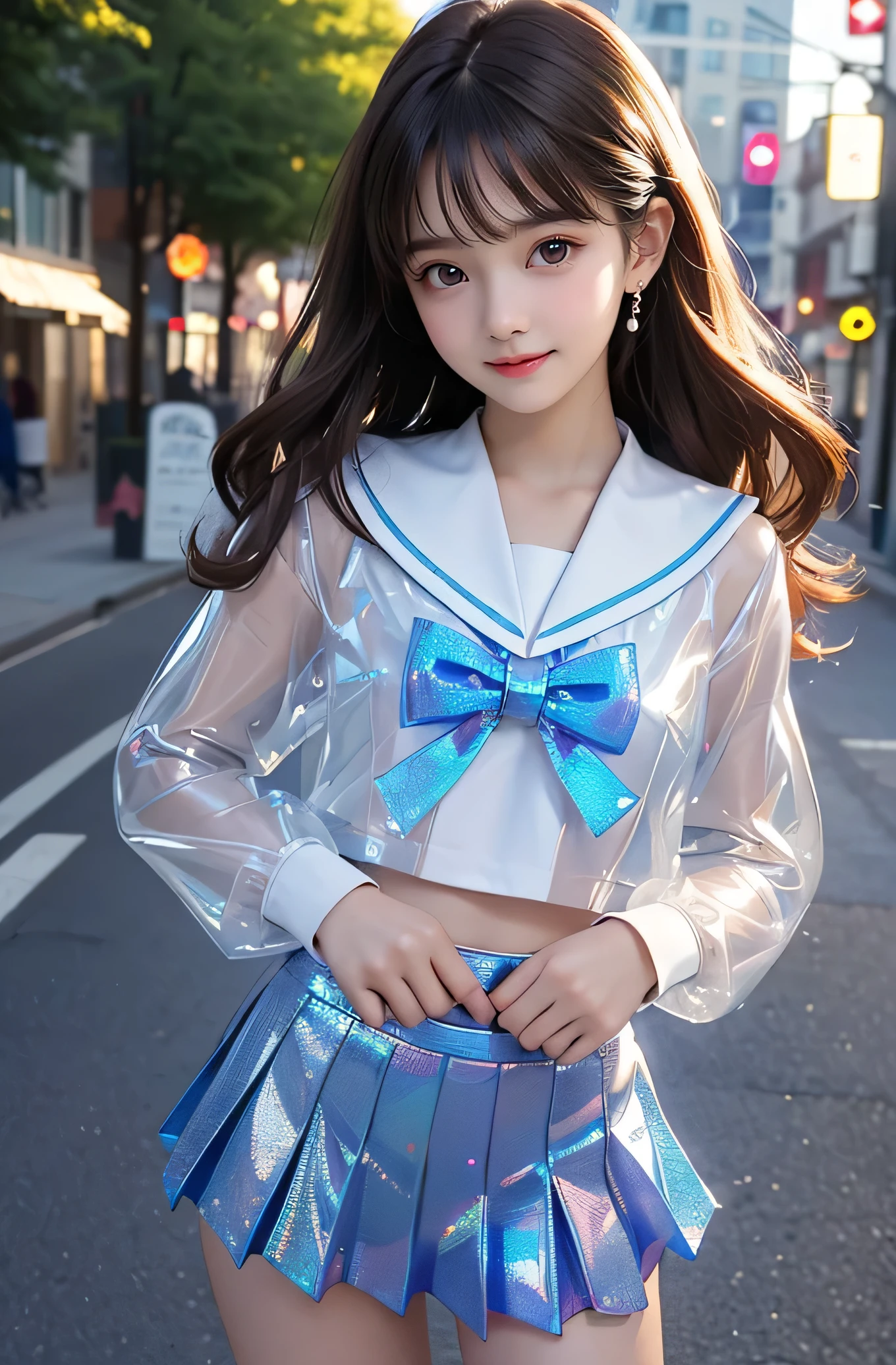 (Very beautiful cute girl), (very cute face:1.2),(baby face),(sparking clear attractive large eyes:1.2), Beautiful detailed eyes, Detailed double eyelids, smiling, (realistic photograph:1.1), in the street,
(shiny transparent holographic sailor high school uniform:1.2),(shiny transparent holographic pleated mini skirt :1.1),
(brown hair:1.2),professional portrait ,costume with very smooth and strong reflective surfaces 