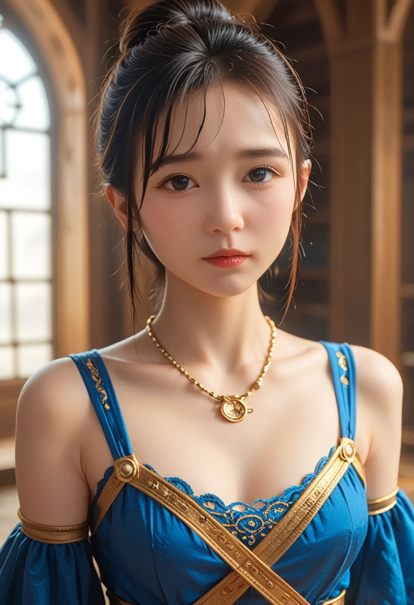 Arafeka in a blue dress with a golden belt and necklace, 3D rendering of characters 8k, trending on cgstation, Chengwei Pan on ArtStation, inspired by Lan Ying, 8K Artgerm Bokeh, High quality detailed 8K graphics, deviantart artstation cgscosiety, cgsociety 8k, cgsociety 8k