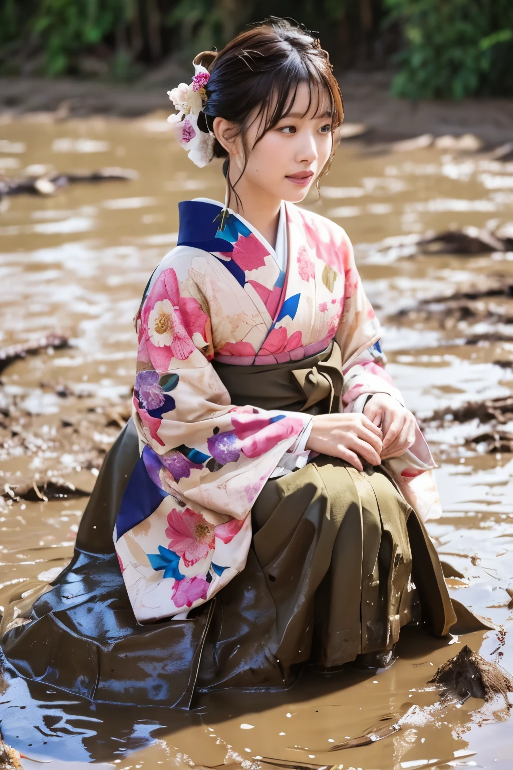 realistic, hakama, kimono, woman, furisode, clothes that stick to the skin, muddy clothes, clothes stained with mud, immersed in muddy water, buried in mud, clothes with lots of mud, woman immersed in muddy water, clothes with mud all over the body, woman bathed in mud, covered in mud, clothes with a wet texture, woman immersed in mud, clothes covered in mud, floral kimono, clothes partially stained with mud