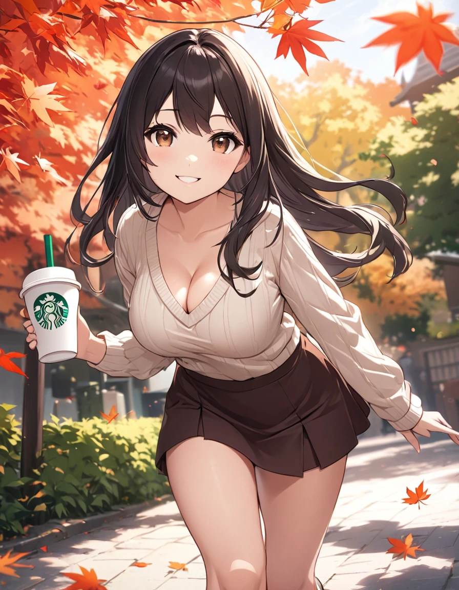 4k, bestquality, detailed, detailed scenery, detailed eyes, 1Girl, cute, adorable, straight hair, long hair, black hair, brown eyes, cleavage, smiling, looking at the camera, standing, background of  maple leaves, blouse, V Neck Sweater, mini skirt, (walking action:1.3), motion, beautiful walking form, drinking a drink from a holding starbucks cup with a straw, drinking a coffee