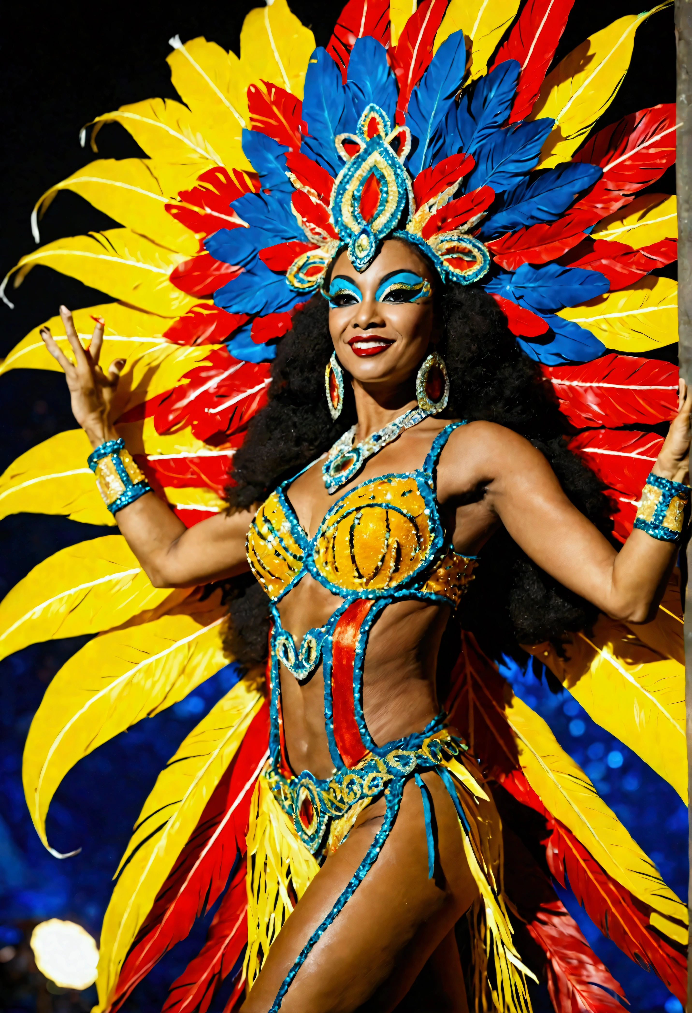((Masterpiece, best quality,edgQuality)), standing,posing for a picture,smiling,excited,
beautiful edgBr_woman,edgBr_face,edgBr_body, (tanned,dark hair),crown of feathers
<lora:edgBrazilian_Doll_Likeness:1>
edgCarnival, long hair, blonde hair, medium breasts, boots, wings, dark skin, bracelet, tree, tattoo ,wearing edgCarnival costume <lora:edgCarnival:1>