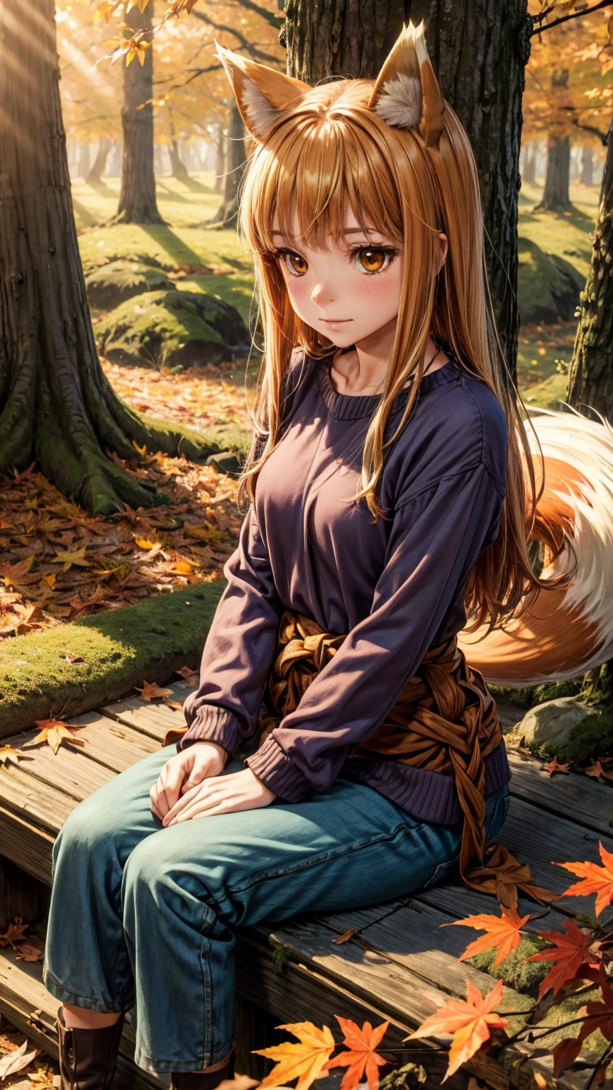 autumn leaves, fox girl, detailed fox ears and tail, vibrant colors, realistic atmosphere, gentle breeze, sunlight filtering through trees, golden foliage, playful expression, peaceful setting, soft lighting, fantasy style, fallen leaves, warm earth tones, woodland backdrop