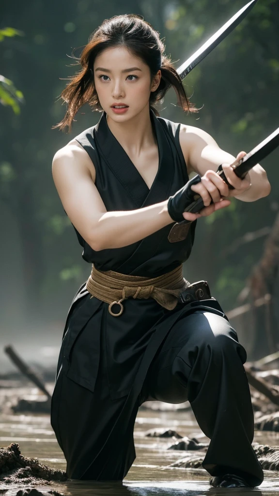 High resolution, Ultra high definition, high quality, masterpiece, woman、30th Generation、Ninja、Center Parting、Large Breasts, Black clothes、Dynamic、He is making a fighting pose while holding a short sword.、His face is covered in mud and blood、Battlefields of Japan、Cloudy、The whole area is a sea of fire、クールなwoman、