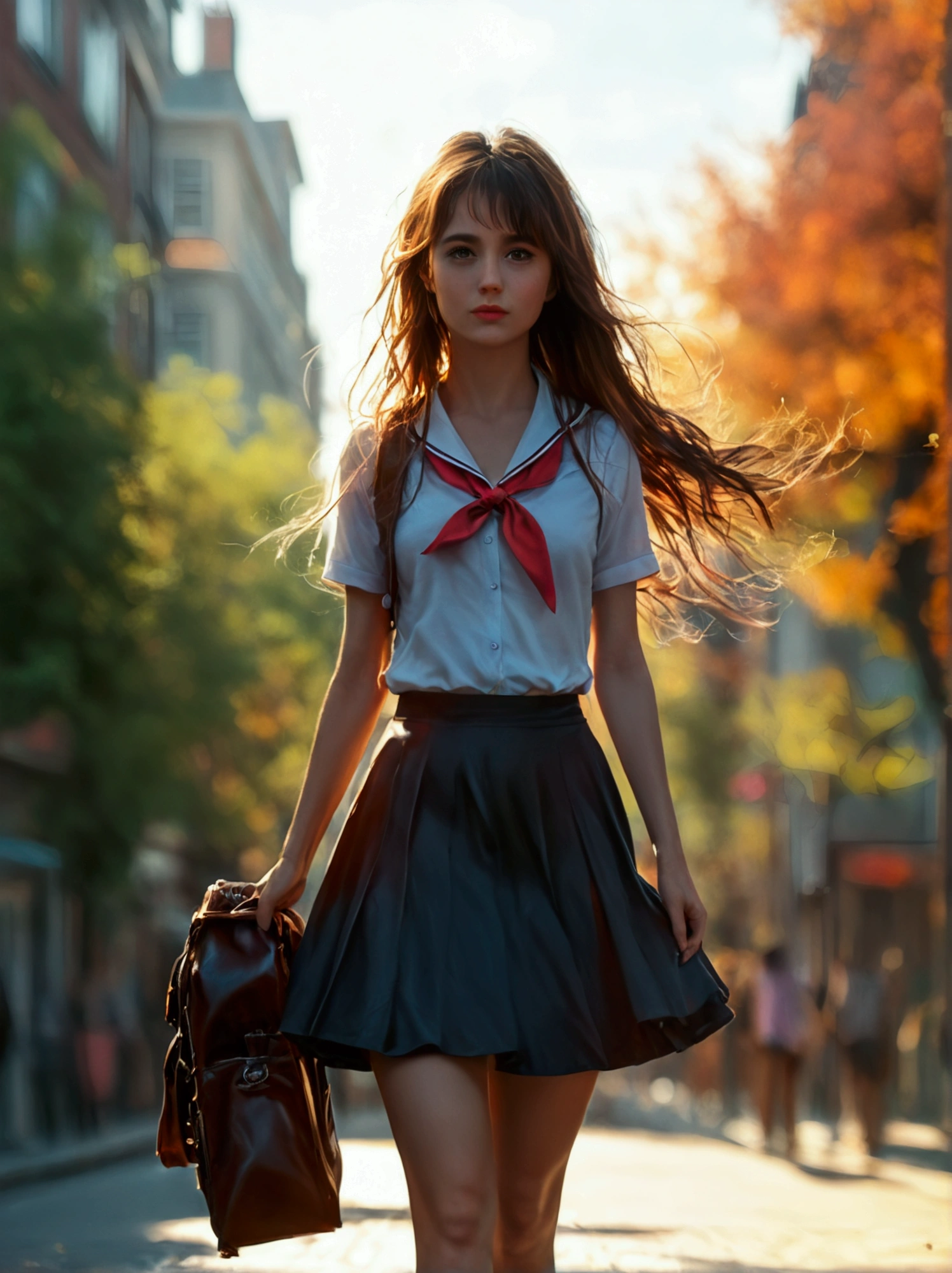 score_9, score_8_up, score_7_up, 1girl wearing school uniform, thighhigh, walking on the street, beautiful detailed eyes, beautiful detailed lips, extremely detailed face, longeyelashes, colorful, vibrant, cinematic lighting, (best quality,4k,8k,highres,masterpiece:1.2),ultra-detailed,(realistic,photorealistic,photo-realistic:1.37),cinematic color grading,70mm film, golden hour, cinematic mood, photographic, 1girl, outdoor, city street, urban environment, warm tones, soft lighting