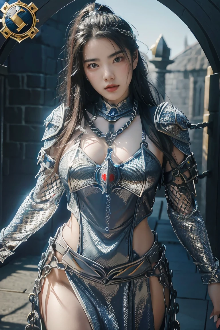 (masterpiece, best quality),  intricate details, 8k, artstation, wallpaper, official art, splash art, sharp focus,
1girl,  solo,  Aasimar \(Dungeon and Dragon setting\), black hair with blond at the highlight, bright blue left eye, and red right eye, ear pierces
,(Chain mail with Anvil emblem on it:1.3), ,wearing [armor|dress], 