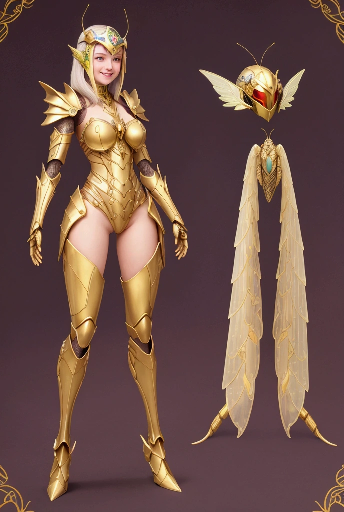 a highly detailed golden armor covering the entire body, divine armor, refined armor, best quality, 8k, highres, masterpiece, ultra-detailed, photorealistic, physically-based rendering, extreme detail description, professional, vivid colors, studio lighting, golden helmet with wings, big breasts, big ass, blue eyes, tight armor,