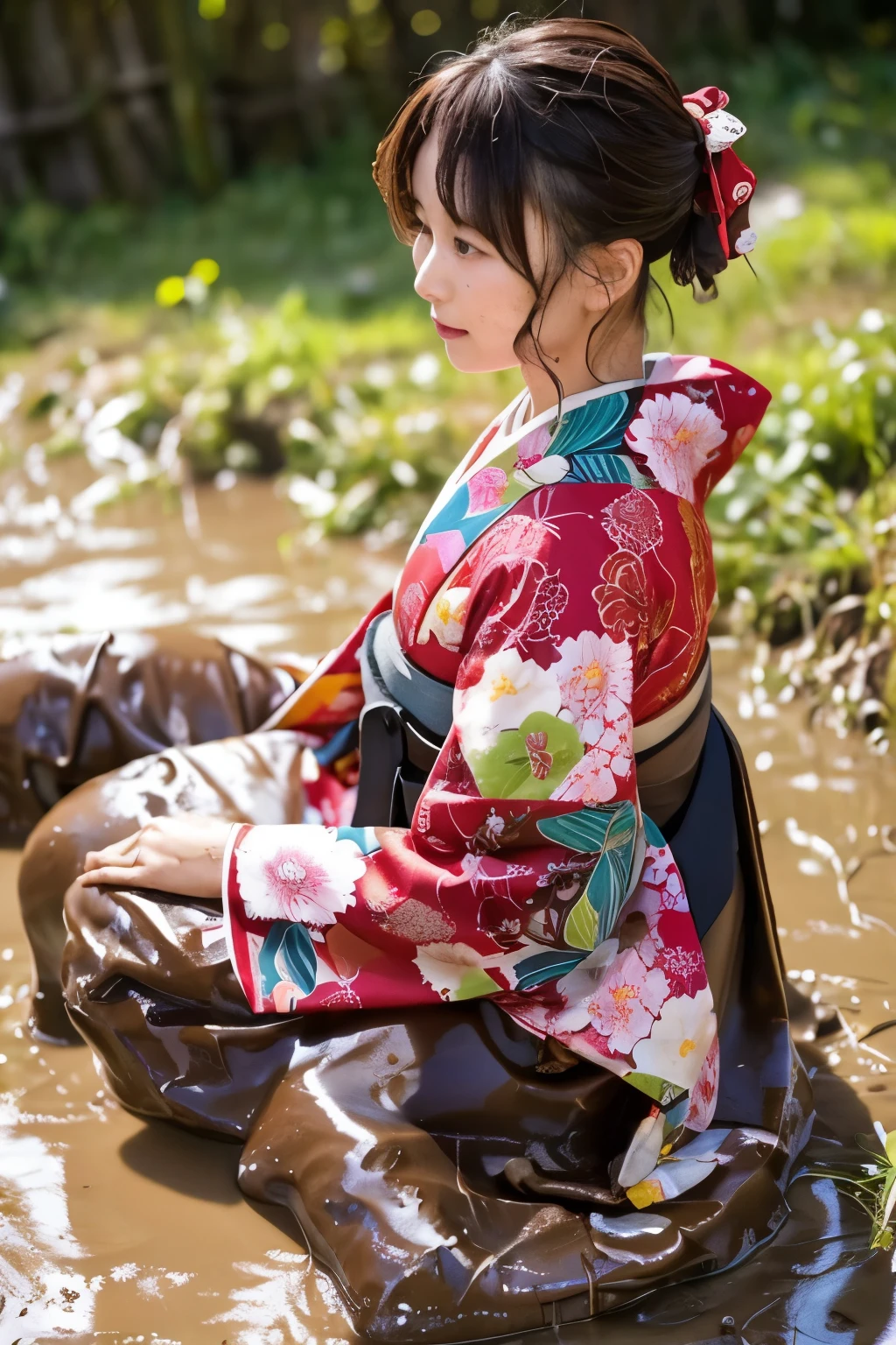 realistic, hakama, kimono, woman, furisode, clothes that stick to the skin, muddy clothes, clothes stained with mud, immersed in muddy water, buried in mud, clothes with lots of mud, woman immersed in muddy water, clothes with mud all over the body, woman bathed in mud, covered in mud, clothes with a wet texture, woman immersed in mud, clothes covered in mud, floral kimono, clothes partially stained with mud