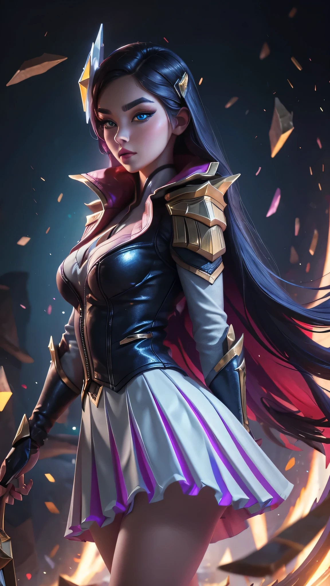 HeartthrobCaitlyn, \(league of legends\), (1girl), (solo), (Full body photo), (low angle shot), (masterpiece:1.0), (best quality:1.4), (ultra highres:1.2), (photorealistic:1.4), 8k resolution, absurdres, ultra detailed, sharp focus, (low light: 1.4), photorealistic, Beautiful face with symmetry, Gradient Eyes, Intense crystal light blue eyes, Intense highlighting of the eyes, Slightly bigger eyes, Double eyelids, lipgloss, Full lips, (Perfect Slim Body),pleated skirt, big ass, thick thighs, mid breasts, place school