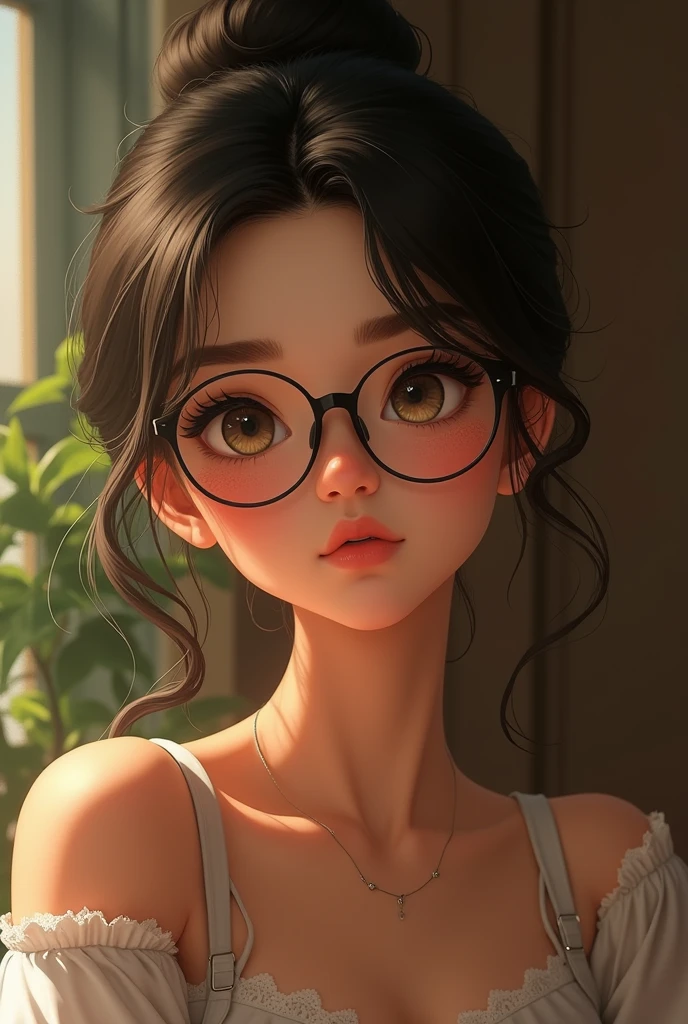 Create animated woman with dark brown hair tied up in a bun and glasses, white skin tone full body slim