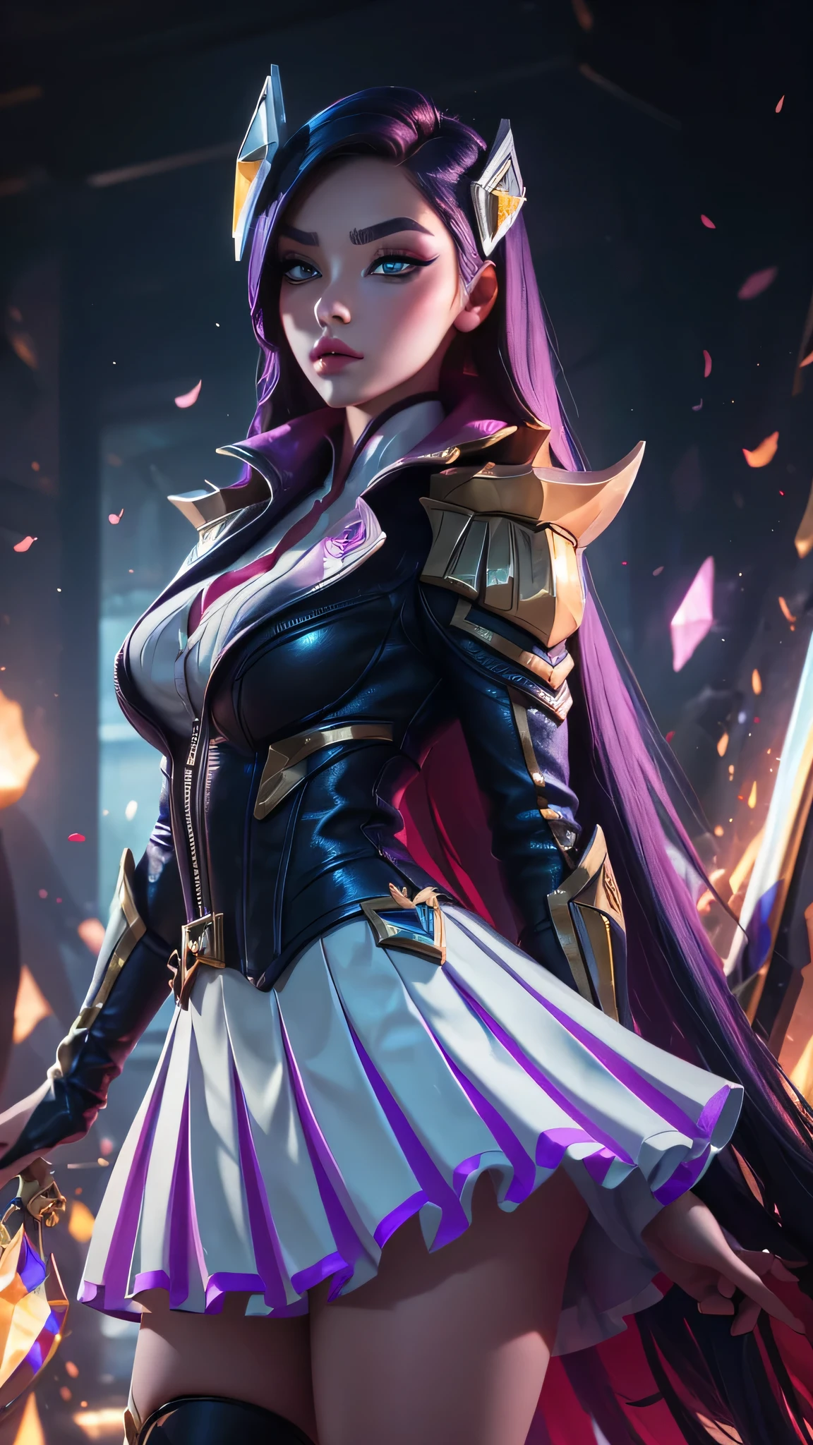 HeartthrobCaitlyn, \(league of legends\), (1girl), (solo), (Full body photo), (low angle shot), (masterpiece:1.0), (best quality:1.4), (ultra highres:1.2), (photorealistic:1.4), 8k resolution, absurdres, ultra detailed, sharp focus, (low light: 1.4), photorealistic, Beautiful face with symmetry, Gradient Eyes, Intense crystal light blue eyes, Intense highlighting of the eyes, Slightly bigger eyes, Double eyelids, lipgloss, Full lips, (Perfect Slim Body),pleated skirt, big ass, thick thighs, mid breasts, place school