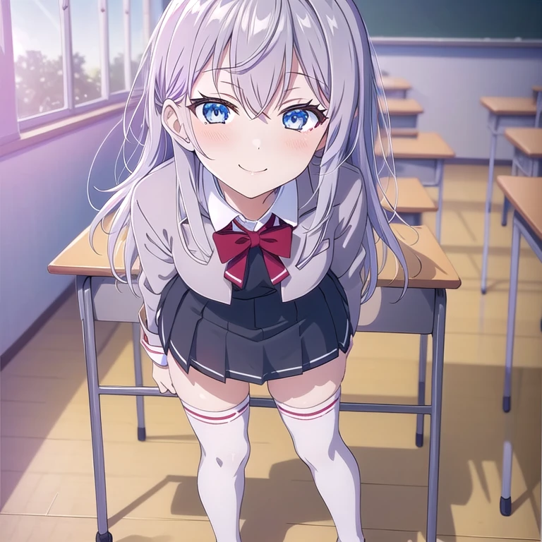 (((((full body shot))))),(masterpiece:1.2), Best Quality,((((High resolution)))), unity 8k wallpaper, (shape:0.8), ((((Highly detailed face)))), Perfect lighting, (((Extremely detailed CG))),One girl, Ahoge, bangs, black skirt, blazer, blue eyes, Red cheeks, chair, classroom, machine, Eyebrows visible through hair, Hair between the eyes, indoor, jacket, Long Hair, Long sleeve,, miniskirt, on machine, Open clothes, 口を開けるpleated skirt, school machine, , shirt, Silver Hair, skirt, Alone, ((((White thigh-high socks)))), Gray Hair, white jacket, (Black legwear), zettai ryouiki,((学校のclassroom)),((machineに座る)),((smile))