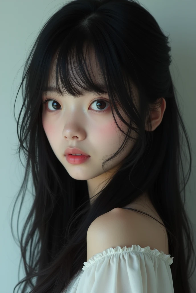 Japanese girl, black hair, blue eyes, naked, realistic image