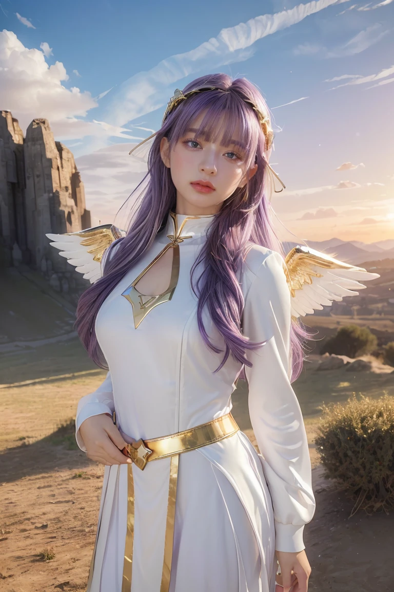 ((masterpiece, best quality, extremely detailed), volumetric lighting, ambient occlusion, colorful, glowing), 
1girl, solo, young girl, (purple hair), long hair, halo, aura, sacred, goddess, cleric suit, (white outfit with gold detailst:1.3), angel wings,
outdoors, sunset, sky, clouds, space, (fantasy theme:1.2),