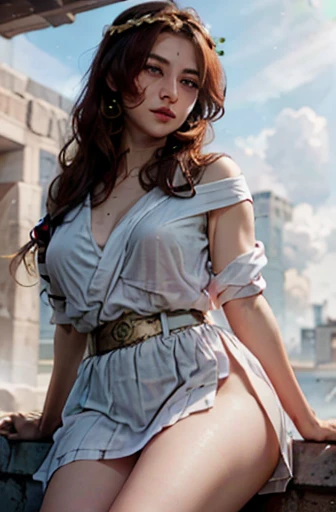 Cowboy shot, anatomically correct, highres, high detail, frontal plane. Predominant colors: white, golden, blue. Outdoors, an imposing white marble throne floating above the clouds in the sky during a sunny day, god rays. Sitting majestically, a curvy Spanish woman in her forties, dressed in a sexy white loose Greek toga with open neckline, short wavy brown hair, golden glowing eyes, golden laurel tiara, golden belt, golden earrings, golden jewelry, blushed face, parted lips, seductive smile, looking at the viewer.