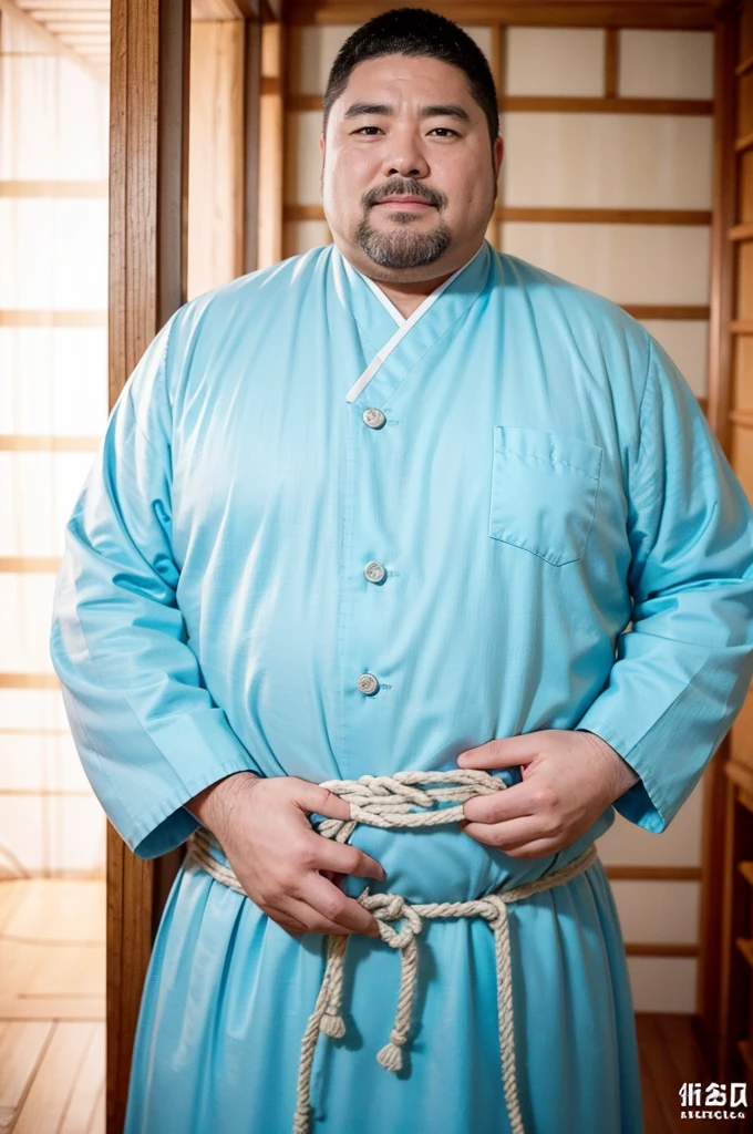 Tied up with rope，Hanging from a beam，Inside a Japanese house，男性器の根元はTied up with rope，whole body図，Inserting the rod {{{Japanese}}}、{{{Obese}}}(((photorealistic))), ((realistic)), (ultra high definition), best quality, masterpiece, ray tracing, 8k、Ultra HD, Digital SLR, Soft lighting, high quality, Film Granulation, Fujifilm XT3, {{{Middle-aged men}}}、50 years old、good looking、whole body, {Shaved Head}、Short stubble、短いShaved Head、Homosexuals、Thick neck、Square, thick face、Sunburned skin、Hairy、Middle Age、Dark skinned、father、Father、father、Has narrow eyes、Anatomically correct penis、Large testicles、An erect penis、fat、 super fine face)), cheongsam, upper body, looking at viewer, front view,