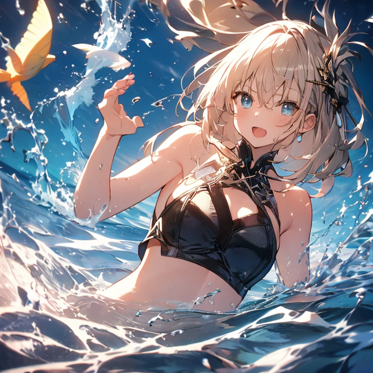 A cute girl in a swimsuit(original bikini swimsuit)(Small body) (Little Girl:1.5), (blonde:1.5)(eyelash:1.2)(eye shadow:1.3) (Blue eyes:1.5), (Beautiful fine details:1.4) (Short Bob Hair:1.4), (Blue eyes)(Big Breasts:1.3) (White skin:1.2)Height: 130cm, original character, Fantasy, View Viewer Art: (A girl with beautiful deep eyes. The depth of field in the photo is perfect、Lens flares create a nice atmosphere. The details of her face really stand out, This photo definitely gets a 10 or more.. background, There is a beautiful sea with crystal clear water and water droplets floating on the surface. Laughing happily