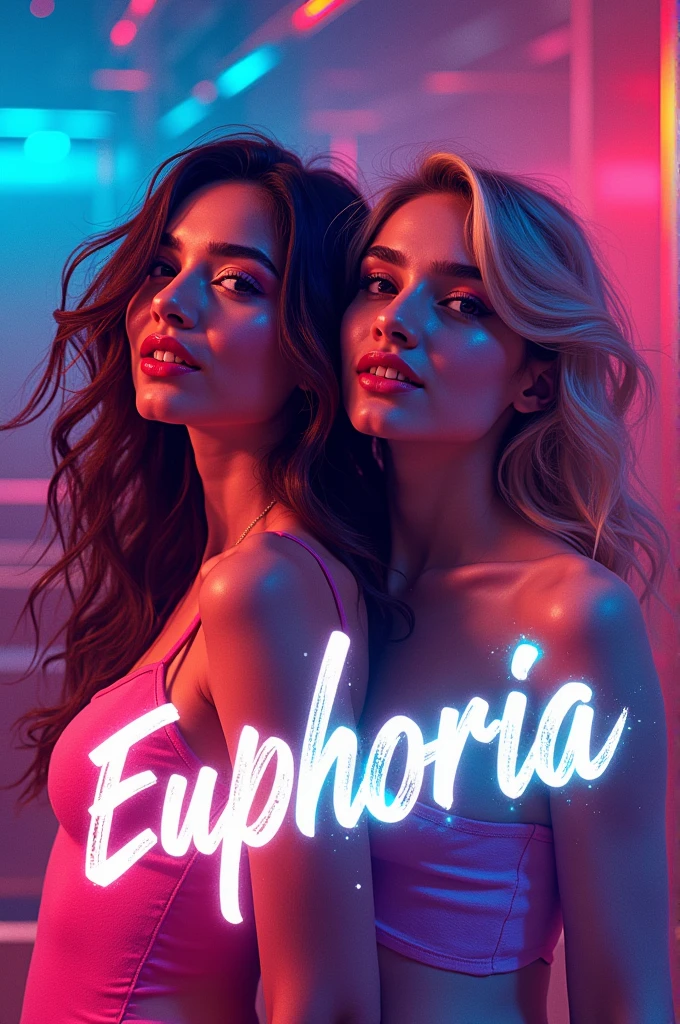 An album cover for a band,eurodance (best quality,48k,highres,masterpiece:1.2),ultra-realistic, vibrant colors, dynamic lighting, glossy finish, futuristic design, energetic atmosphere, neon lights, sleek typography