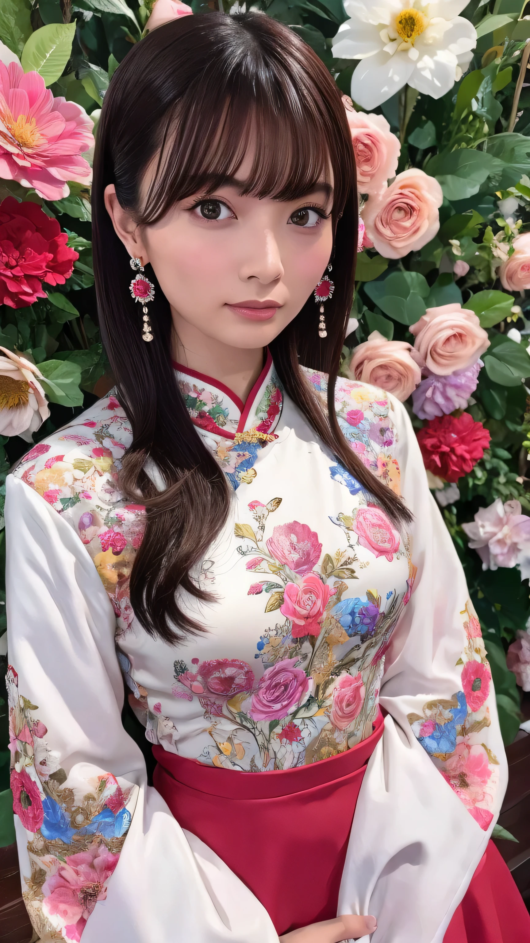 (((8ｋ,High detail,High definition、masterpiece,Attention to detail,Esbian all over body,solo))),RAW Photos & Realistic atmosphere,(masterpiece, Best Quality, Best Quality, beautifully、aesthetic:1.2), (One girl:1.3), Very detailed,(colorful:1.1)(Flowers:1.3),Most detailed,(Tangled:1.2), (Dynamic pose), (Abstract background:1.3), (Chinese traditional cloth:1.2), (Shiny skin), (Many colors:1.4), ,(Earrings:1.4),