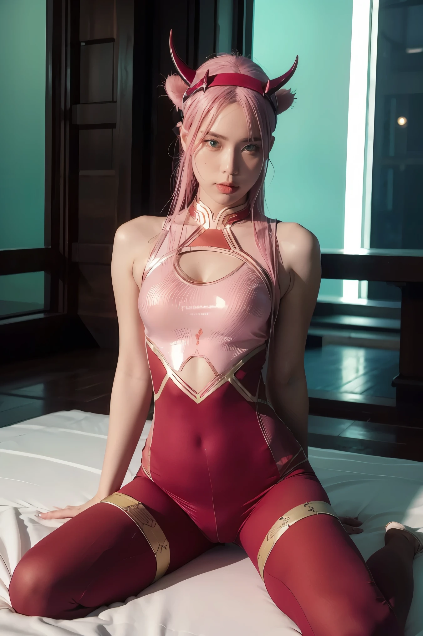 A beautiful woman with a thin, athletic body wearing a tight, red spandex  bodysuit, posing as a top model, full body shot, (best quality,4k,8k,high res,masterpiece:1.2),ultra-detailed,(realistic, photorealistic,photo-realistic:1.37), intricate details, advanced technology, futuristic gadgets, dynamic lighting, cinematic, dramatic composition, ((pink hair, green eyes, headband with a pair of horns,))