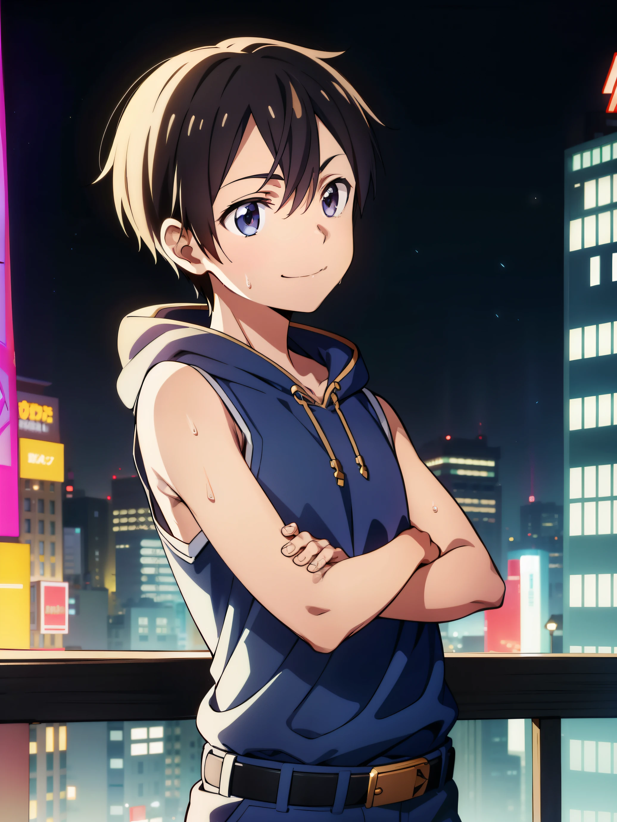 Highres, Masterpiece, Best quality at best,Best Quality,hight quality, hight detailed, Anime style, 1boy, Shota, young boy, kirito, solo, 1boy, smile, cyberpun citys, Sleeveless hoodie, upper body, belt, (very young boy), (very small and short body), smile, Blurry beckground, cute boy, Uhd, bokeh, sweat