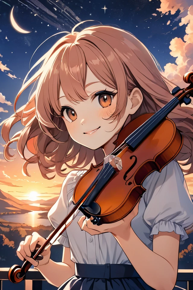 Against the background of the sunset sky, a girl with hair fluttering in the wind is smiling with a violin, the sky where the stars begin to shine, anime-style illustrations, high resolution, line drawings drawn in detail, warm colors, fantastic atmosphere 